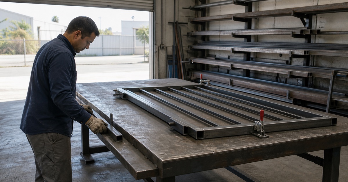 Fabricator sliding a steel section along the bench beside a gate frame