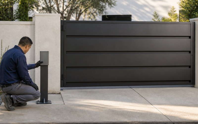Technician seating an intercom head onto a set pedestal beside a swing driveway gate