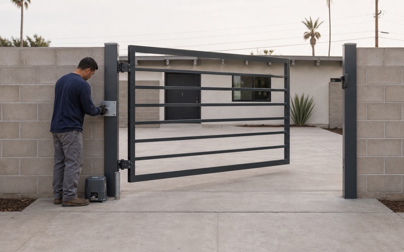 Installer offering an operator mounting plate up to the hinge post of an open swing gate