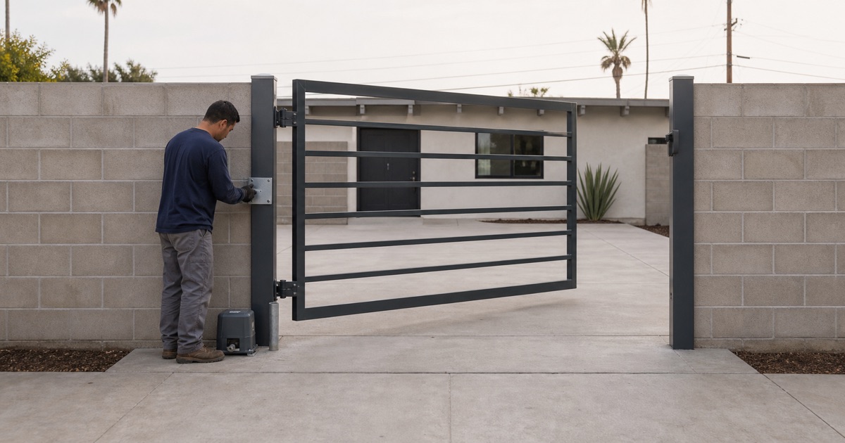 Installer offering an operator mounting plate up to the hinge post of an open swing gate