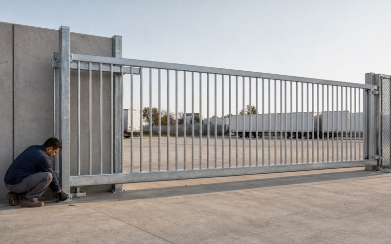 Installer bolting down a truck assembly on a cantilever gate with its tail run behind