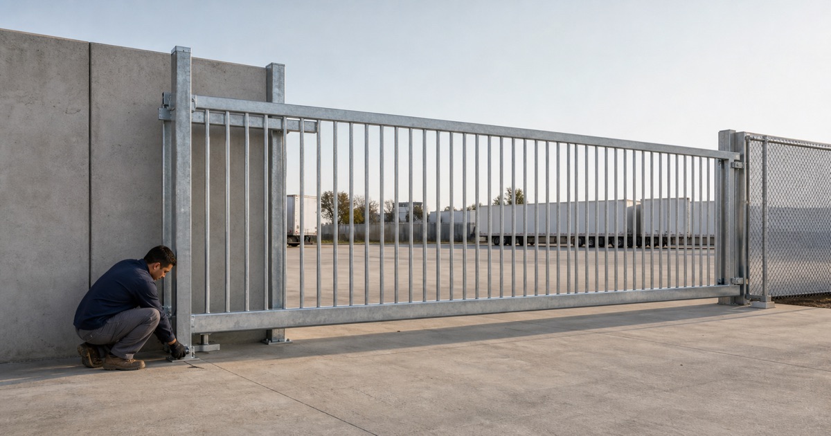 Installer bolting down a truck assembly on a cantilever gate with its tail run behind