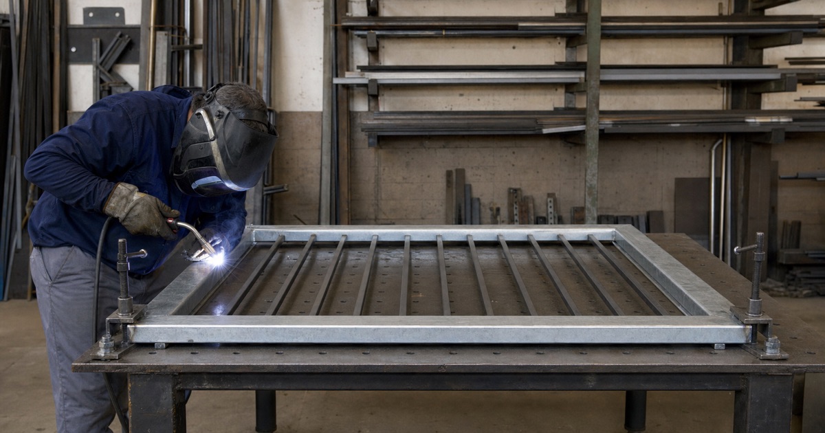 Fabricator welding a corner joint on a gate frame in the shop