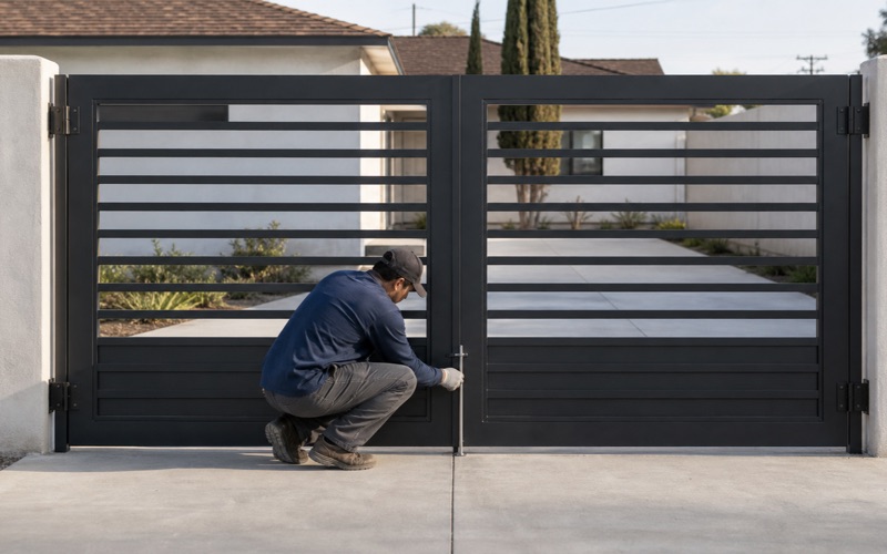 Installer sliding the cane bolt on the face of a double swing driveway gate