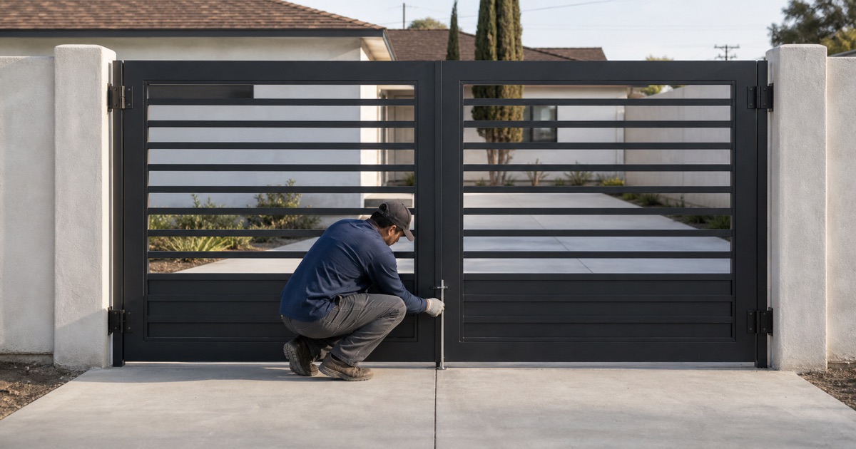 Installer sliding the cane bolt on the face of a double swing driveway gate