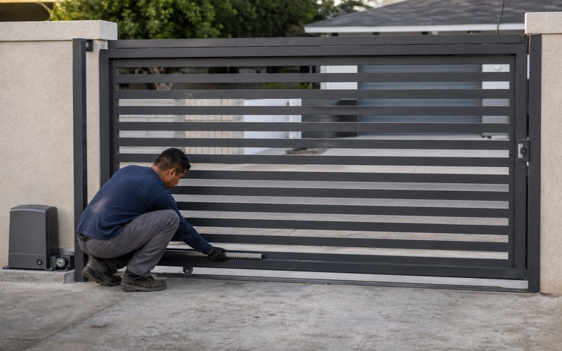 Technician offering a new gear rack section up to a sliding gate frame