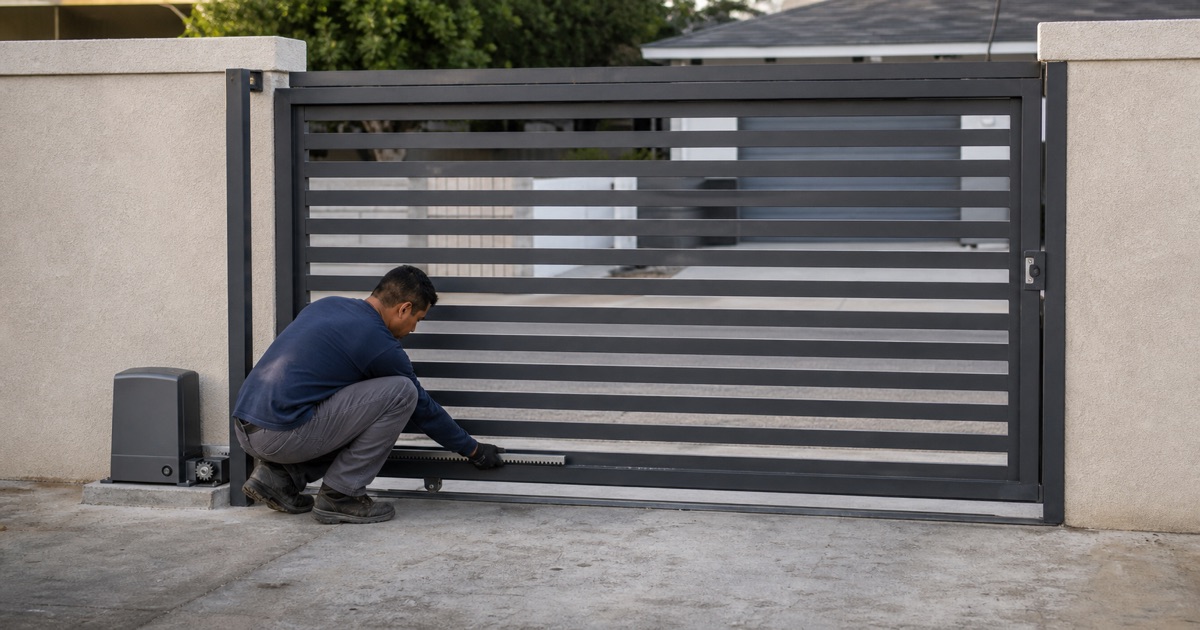 Technician offering a new gear rack section up to a sliding gate frame