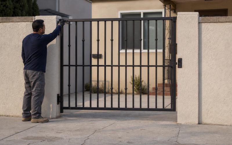 Technician dropping the top hinge strap of a repaired gate onto its pin