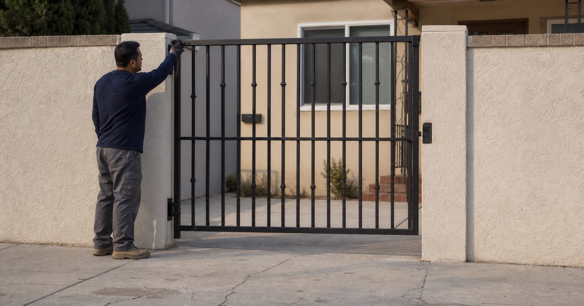 Technician dropping the top hinge strap of a repaired gate onto its pin
