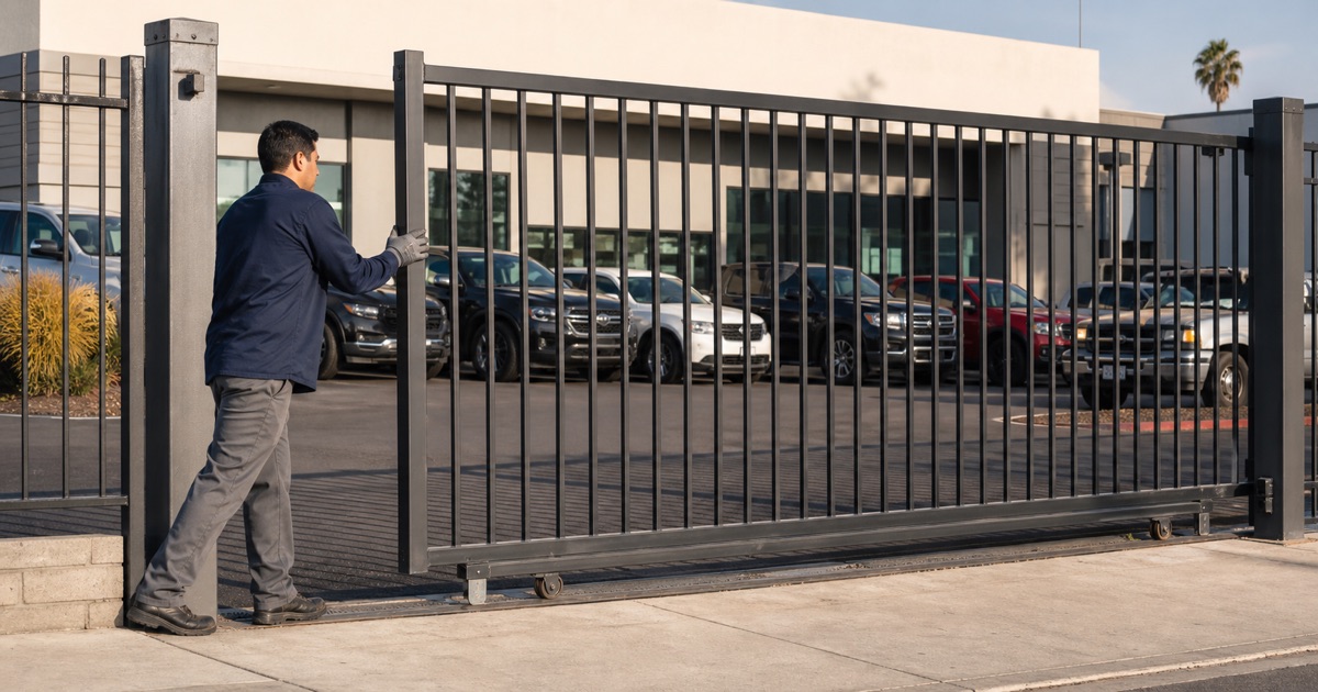 Installer rolling a sliding gate closed across a vehicle display lot