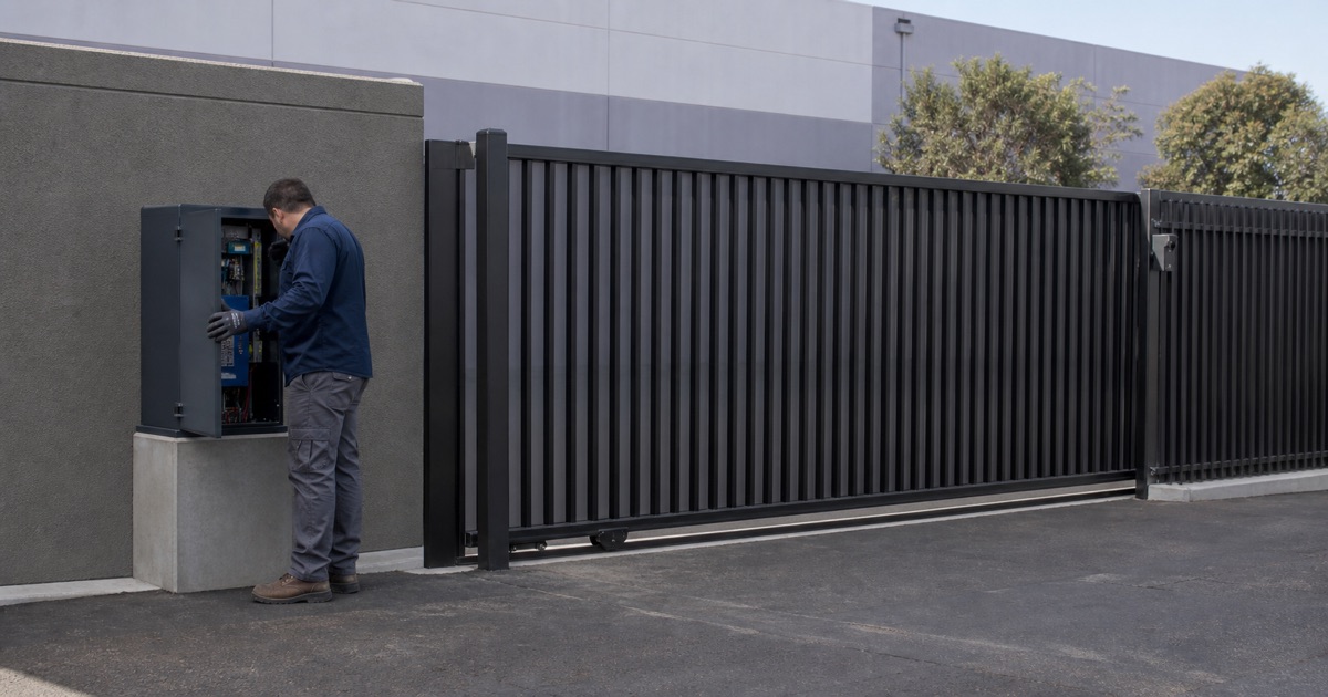 Technician at the control cabinet beside a studio drive-on gate