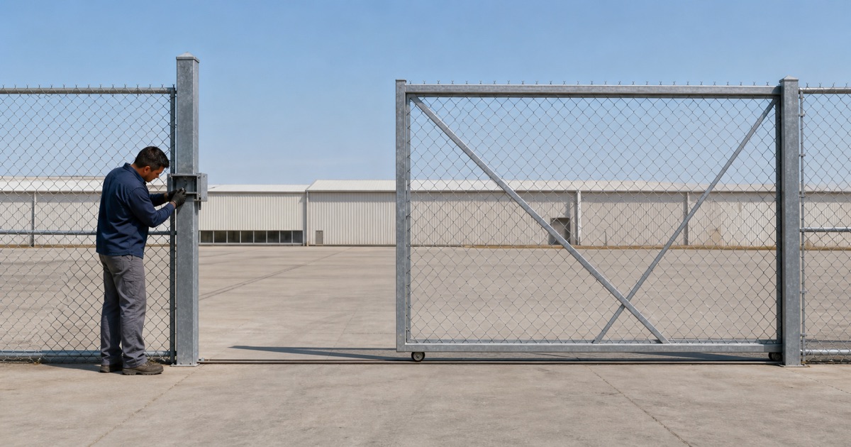 Technician setting the guide bracket on a sliding perimeter gate post