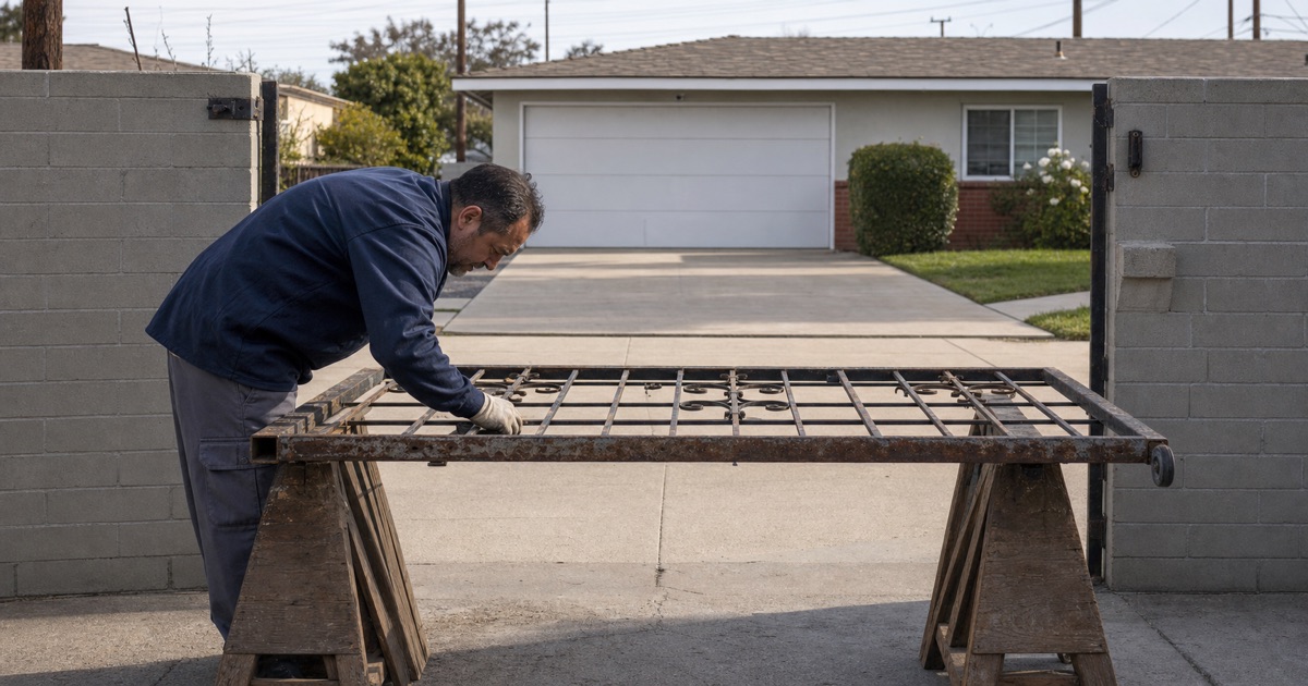 Fabricator assessing the corroded bottom rail of an old gate leaf