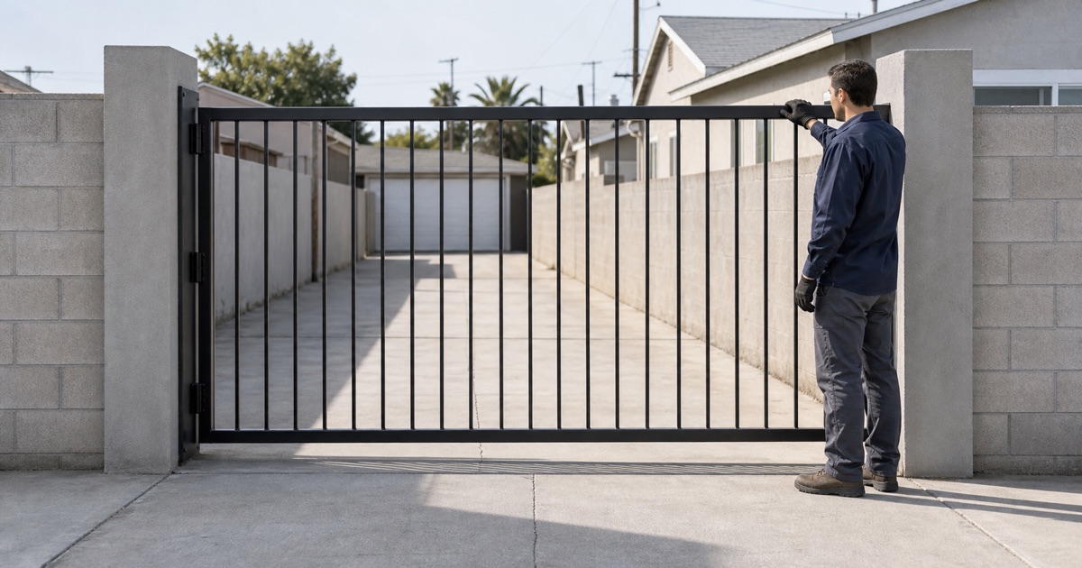Installer easing a finished driveway gate closed on its hinges