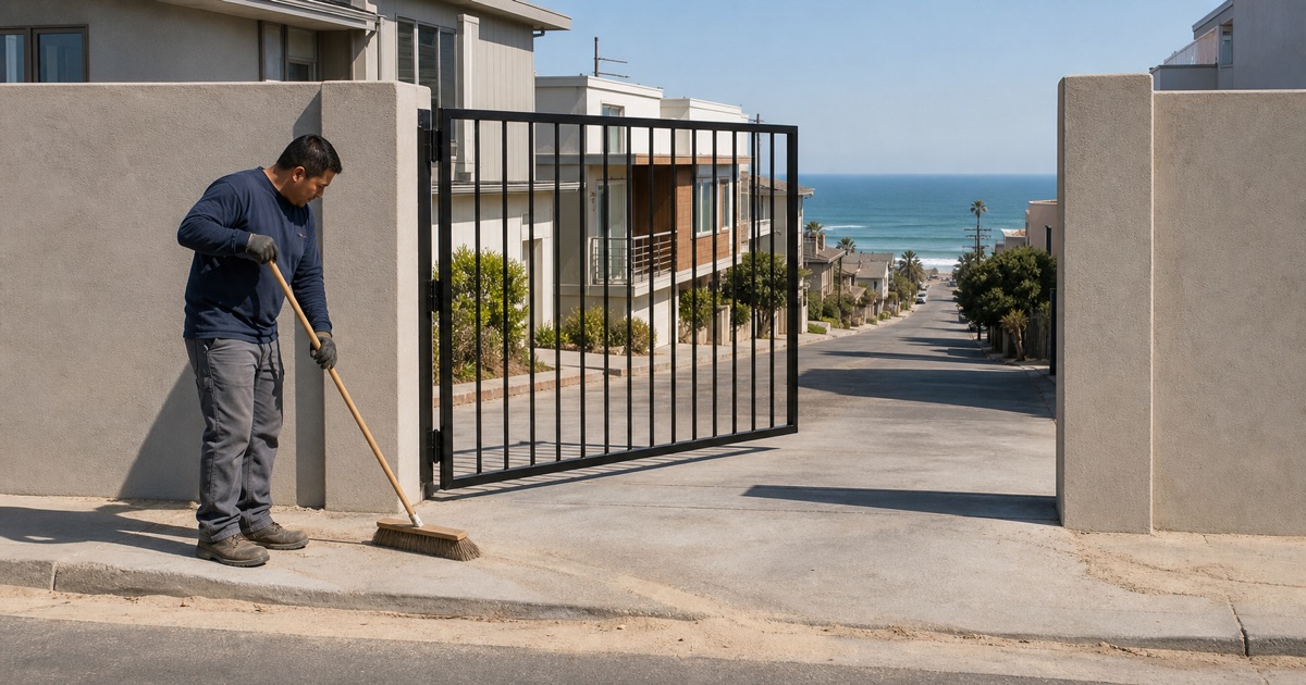 Installer sweeping drifted sand from the swing path of a coastal driveway gate