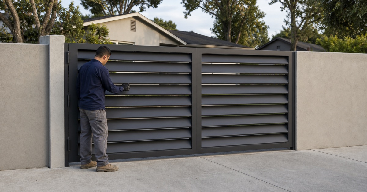 Installer checking a louvre blade on a finished driveway gate