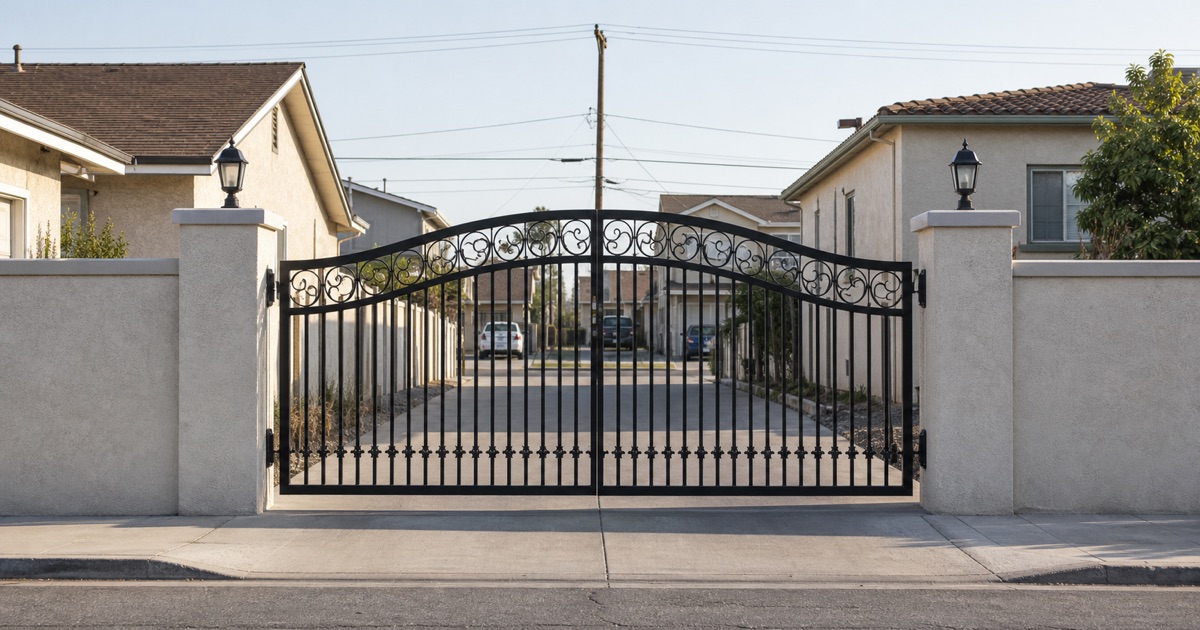 A symmetrical pair of ornamental iron entry gates closed between rendered piers
