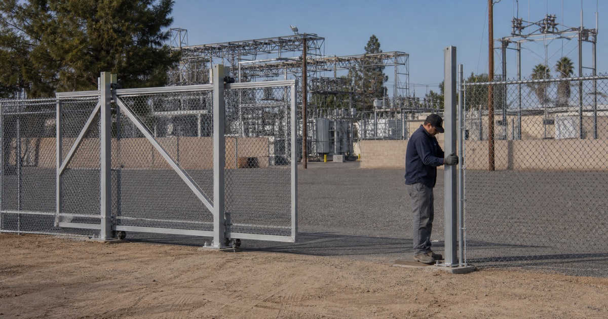 Technician setting the receiver post for a cantilever gate at a utility compound