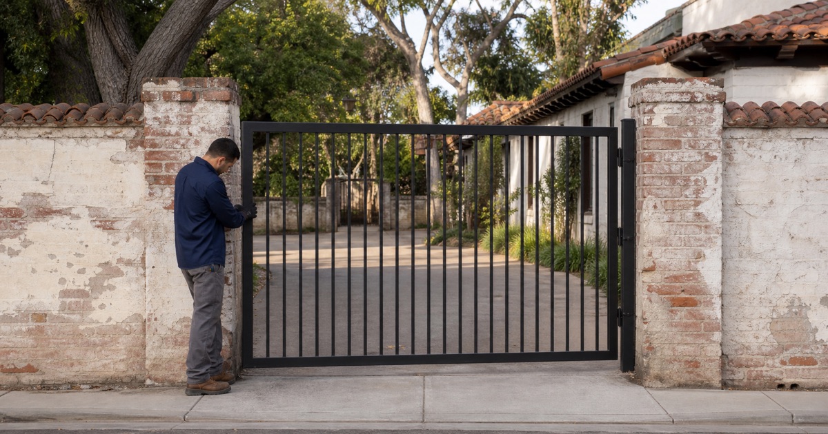 Installer checking a hung gate closing against an old brick pier
