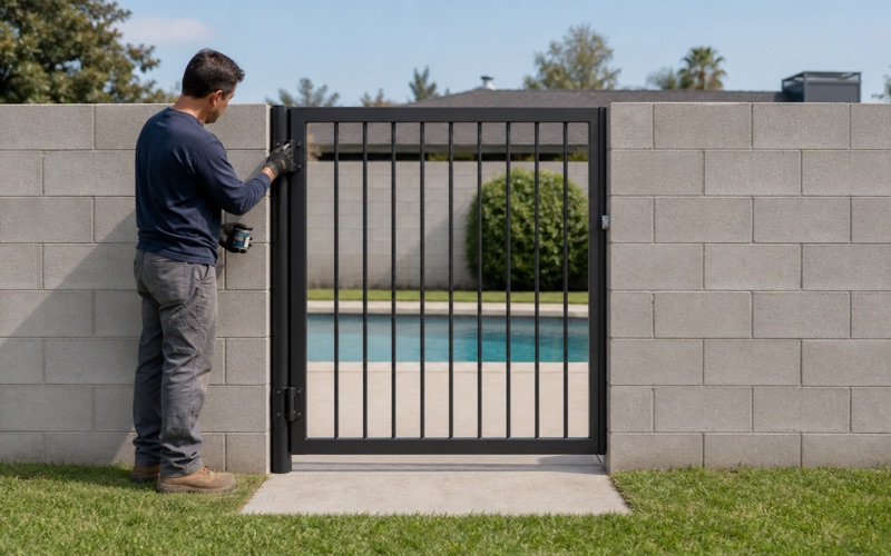 Installer greasing the hinge barrel on a pool enclosure gate