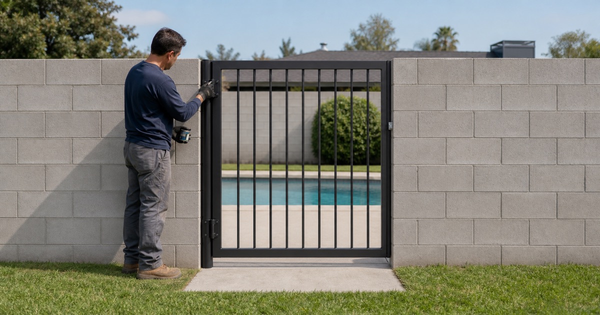 Installer greasing the hinge barrel on a pool enclosure gate