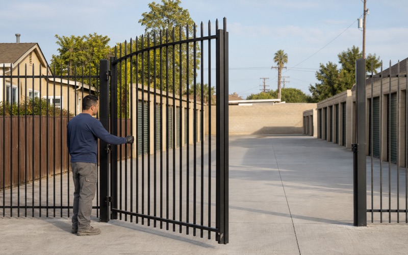 Installer swinging an eight-foot ornamental iron gate at a self-storage frontage