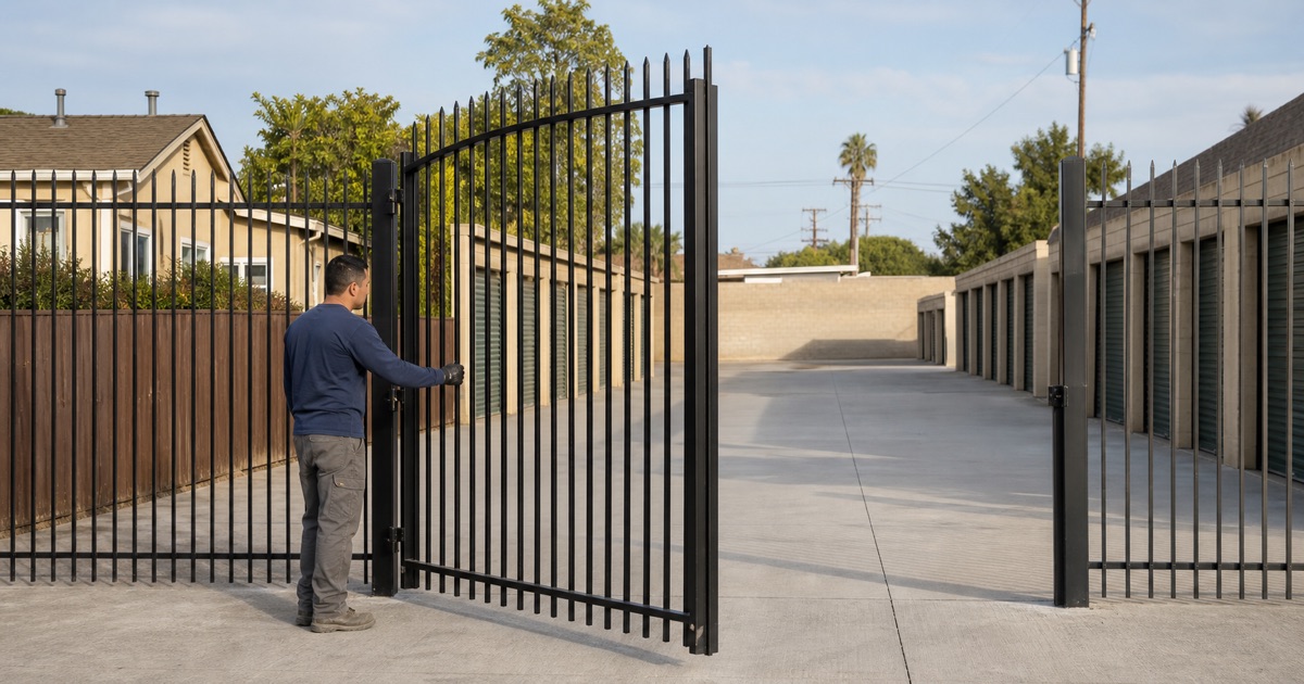 Installer swinging an eight-foot ornamental iron gate at a self-storage frontage