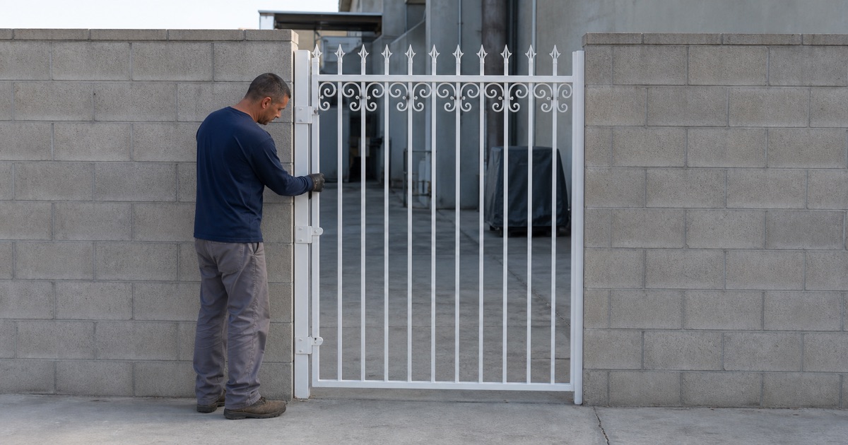 Fabricator checking picket spacing on a hung white ornamental iron gate